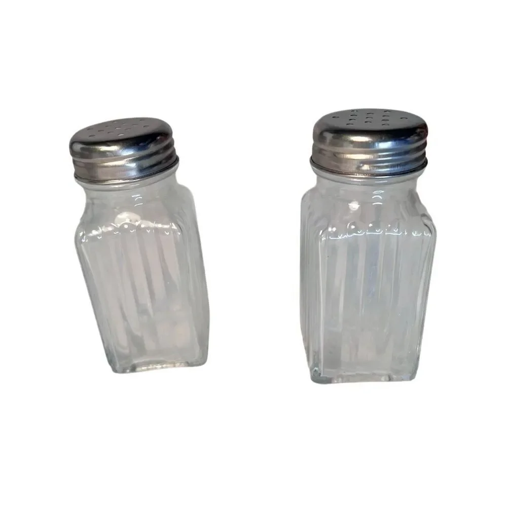 Vintage SQUARE Ribbed Clear Glass SALT and PEPPER Shaker Set - With Metal Lids